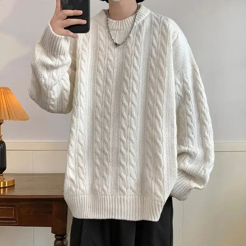 Solid Colour Ribbed Twist Pattern Round Neck Pullover Sweater Men Women Autumn Winter Couple Loose Knitted Woolen Top Warm Soft 240821