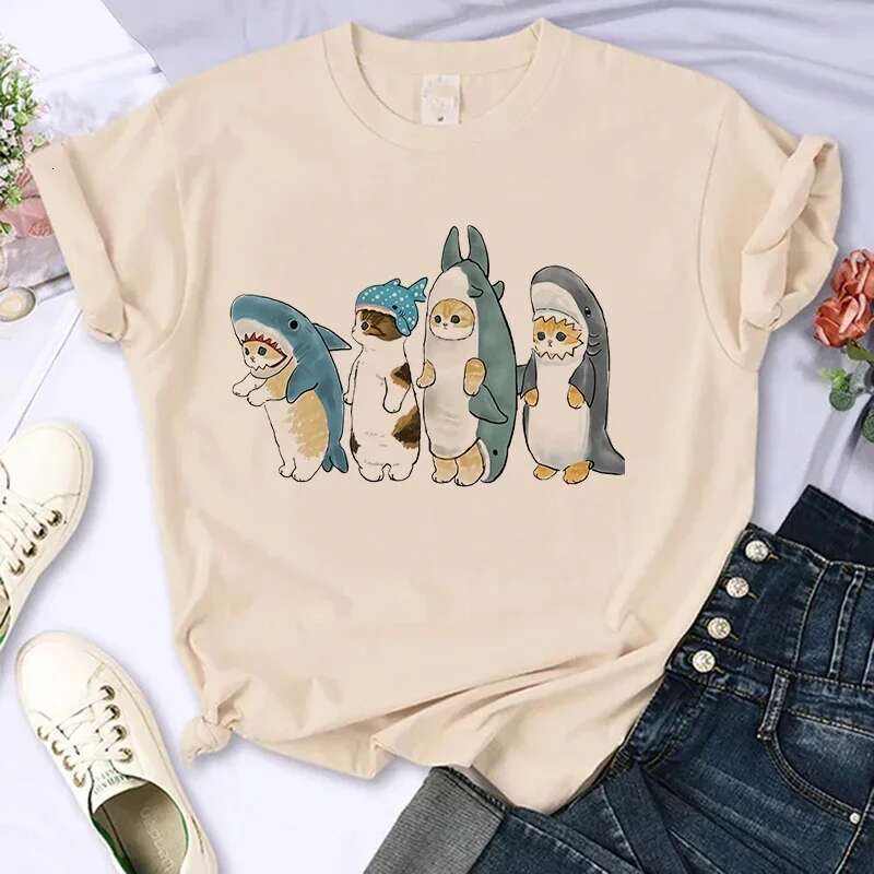 Cat Cute Women Funny Cartoon T Shirt Y2K Haruku Graphic Ulzzang T-Shirt 90S Print Tshirt Aesthetic Top Tee Female - shirt op ee