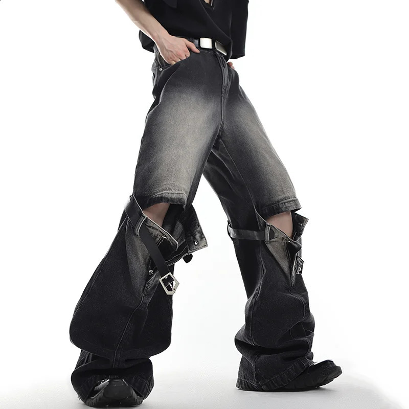 FEWQ Vintage Men Spliced Micro Flared Jeans American Style High Street Wide Leg Straight Denim Pants Summer Clothing 9A8932 240821