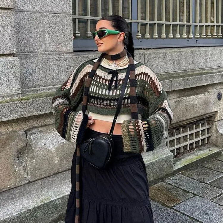 Harajuku Green Striped Lazy Knitted Top Womens Early Autumn Oneck Lace Pulling Rope Y2k Hollow Long Sleeve Sweater 240821