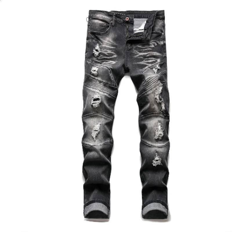 Embroidered Floral Tiger Bird Print n Mens Ripped Jeans Slim Fit Blue Straight Biker Trousers Asian Size 28-40 240821