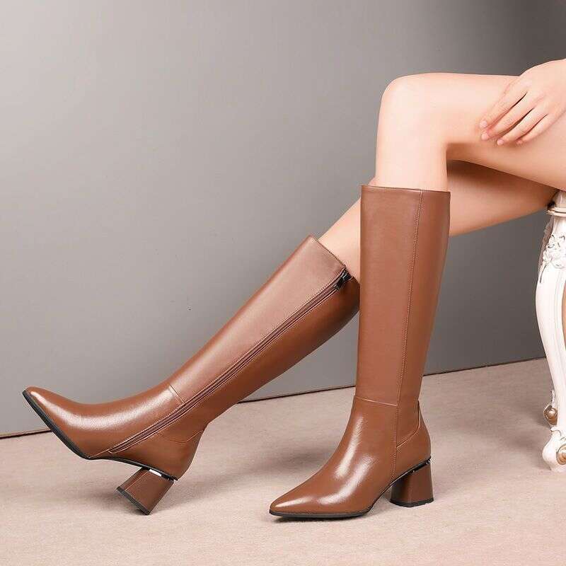 Shoes For Woman Long Winter Knee High Shaft Footwear Leather Women's Boots Fur Brown Pointed Toe Chic And Elegant Fashion 2024