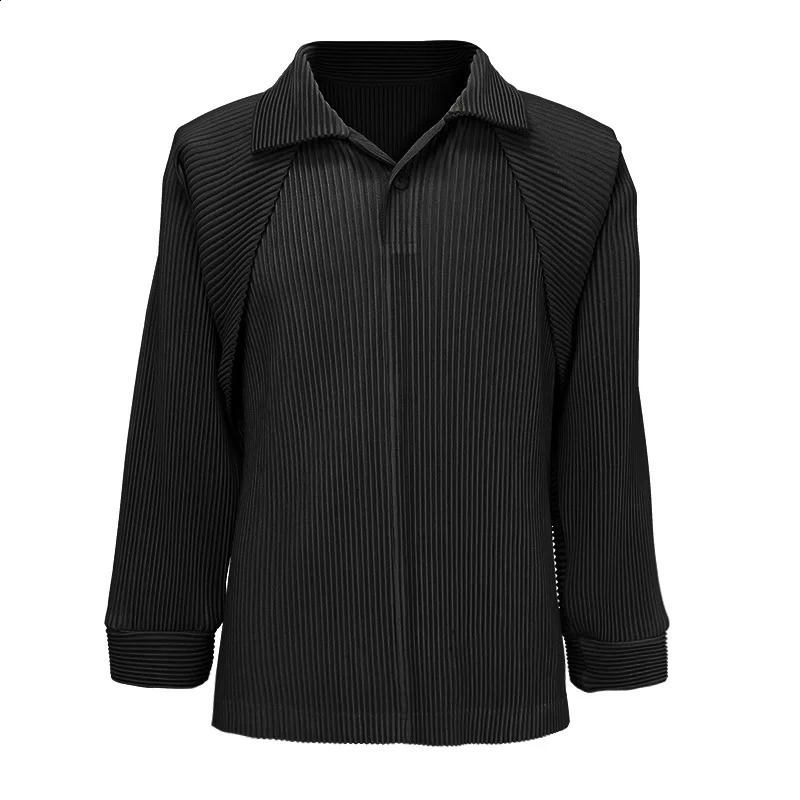 Japanese original pleated mens solid color loose casual lapel long sleeved polo shirt plus size clothing w240824