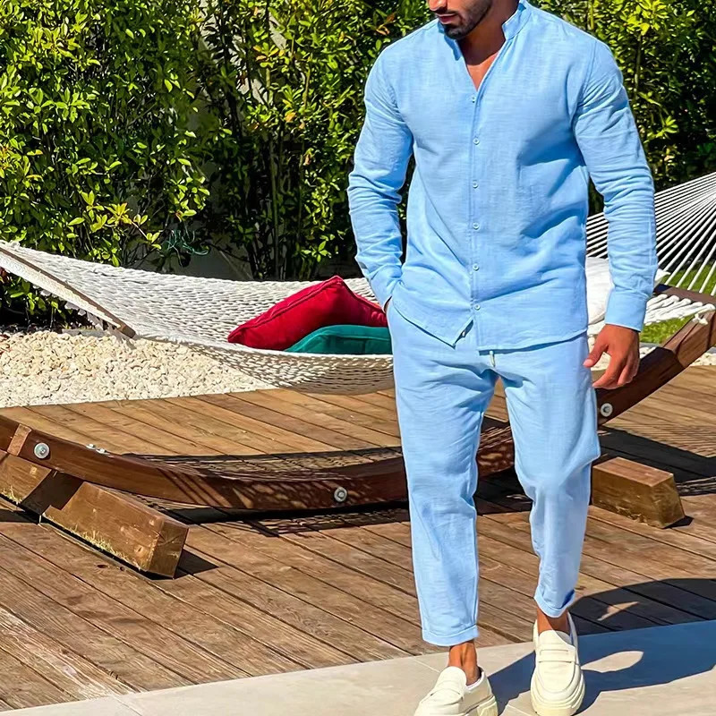 Fashion Simple Casual Sports Suit Mens Linen Breathable Solid Color Long-sleeved Stand Collar Shirt And Trousers Two-piece Set 240821