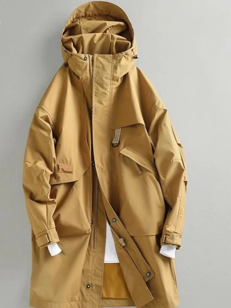 Chic Solid Long Trench Coat Jacket Men Cotton Autumn Spring Windbreaker Mid Length Hooded Jacket High-end Casual Outerwear 240820
