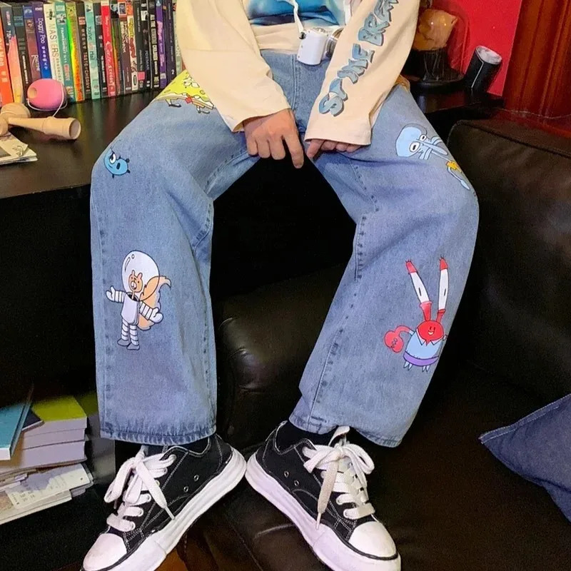 Men and Women Straight Loose Autumn Korean Style Cartoon Printed Jeans Pants Street Hip-hop Handsome Nine-point Pants Fashion 240821