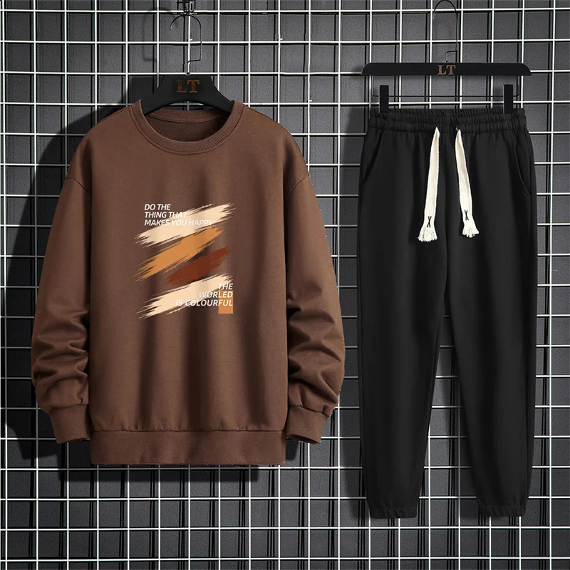 Spring and Autumn mens casual suit American round neck long sleeved loose sports shirt with casual sports pants two-piece set 240821