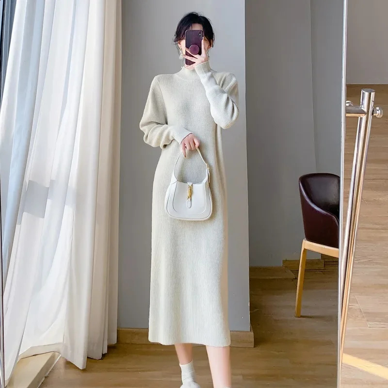 Elegant Long Straight-leg Sweater Dress For Women Autumnwinter Korean Style Coat Inner Layer 240821
