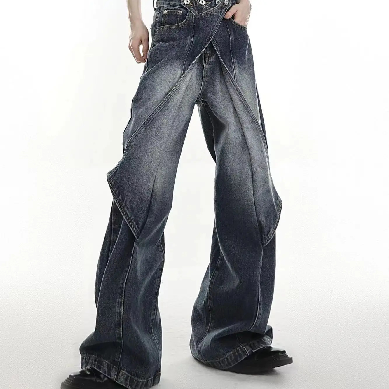 Hip Hop American Vintage Jeans Men Heavy Industry Used Wash Denim Pant Deconstruct Cut n Variable Flared Trousers Unisex 240821