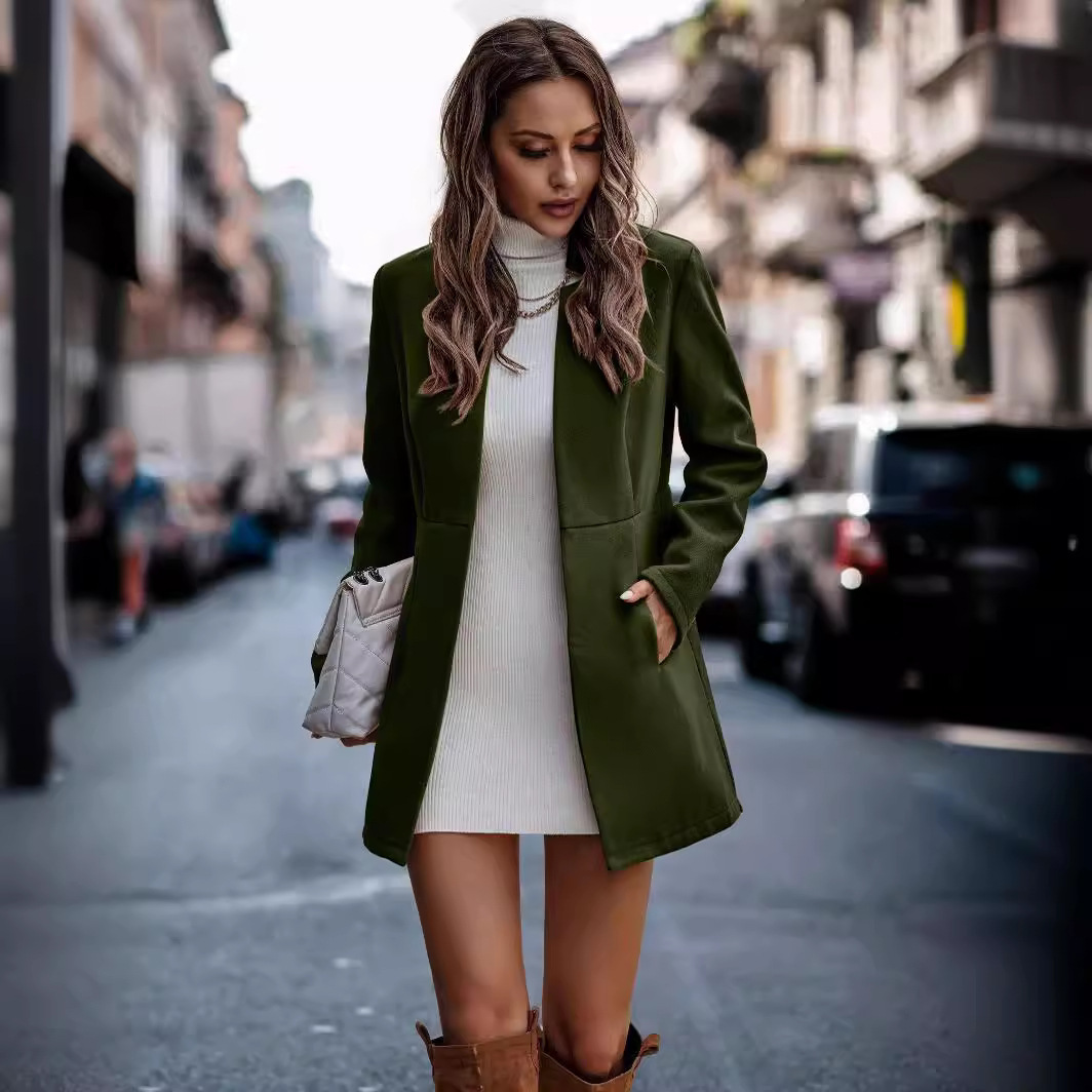 2024 autumn and winter neat color slimming long sleeved pocket woolen women's coat