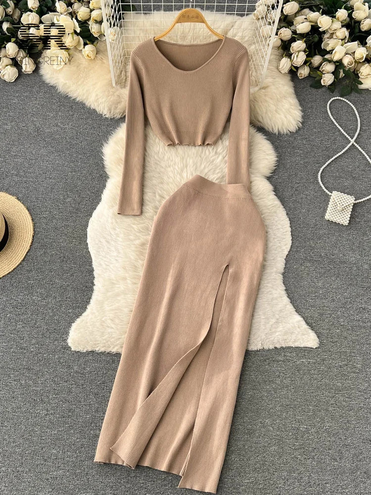 SINGREINY Autumn Skinny Knitted Sets Short TopsSlim Long Split Skirt Women Korean Style Sweater Fashion Two Pieces Suits 240820