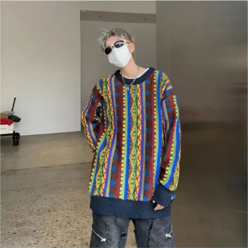 Colorful Printed Retro Men Sweater Color Block Hip Hop Trend Round Neck Knitted Top College Casual Oversized Pullover 240821