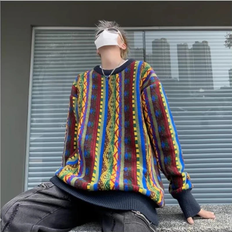 Colorful Printed Retro Men Sweater Color Block Hip Hop Trend Round Neck Knitted Top College Casual Oversized Pullover 240821