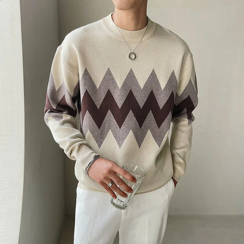 British Style Fashion Color Contrast Print Sweater Men Pullover Sweater Pull Homme Autumn Sweater For Men Knitted O-Neck Sweater 240821