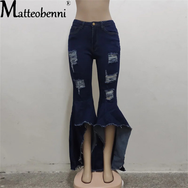 Sexy Ripped Jeans Fringe Hollow Out Ruffle Water Wash Flare Denim Pants High Waist Bodycon Hole Women Trousers Club Outfits 240821