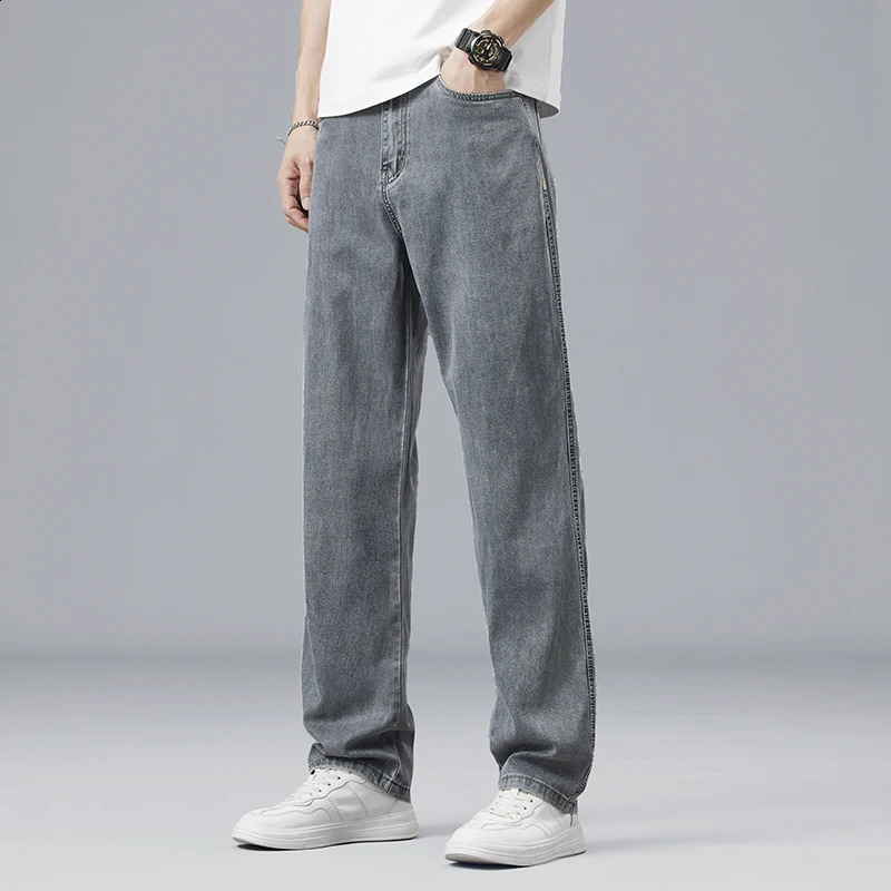 Summer ultrathin Lyocell mens jeans dresses soft fabrics loose straight casual denim pants elastic ice silk Trousers 240821