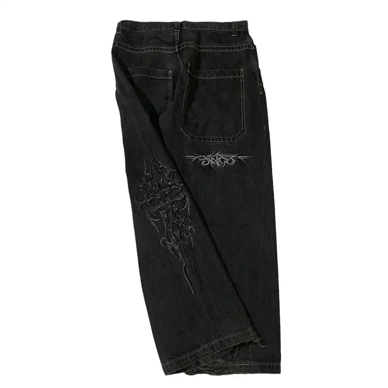 Baggy Jeans Mens Y2k Embroidery Harajuku Pattern Wide Leg Pants Casual Hip Hop Black Straight Denim Trousers Streetwear 240821