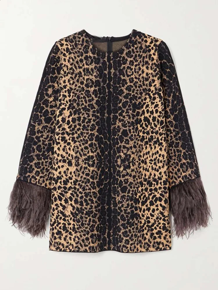 Freeacy Womens Leopard Print Autumn Winter Suit Round Neck Loose Fit Shirt Top and High Waist Wide Leg Pants Two-piece Sets 240820