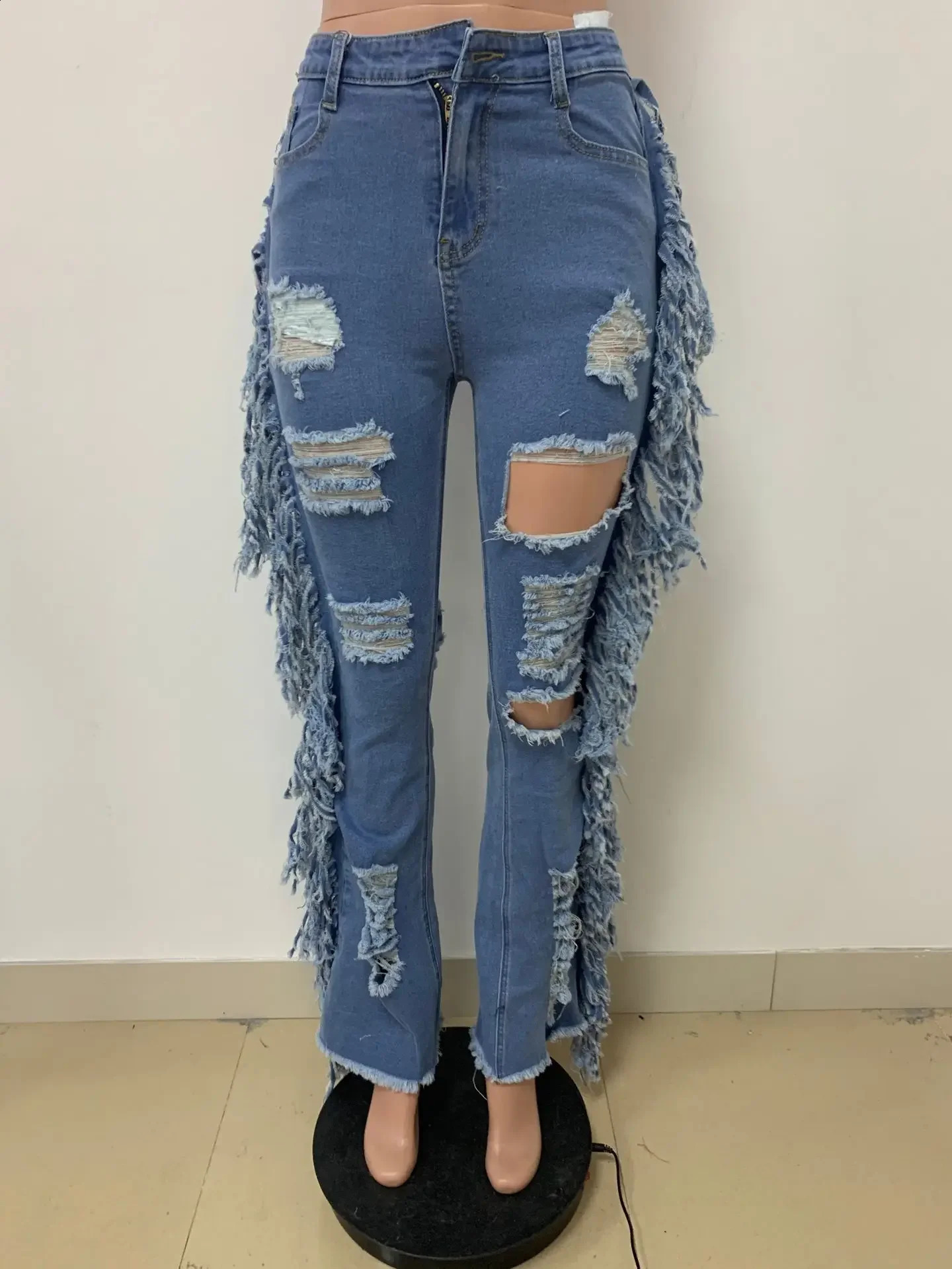 CM.YAYA Women Jeans Mid Waist Zipper Fly Ripped Full Length Flare Pants Female Fashion High Street Jeans Summer Trousers 240821
