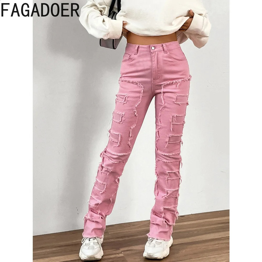FAGADOER Embroidery Stacked Denim Pants Women High Waist Button Straight Jean Trousers Casual Elastic Cowboy Bottoms Z260313