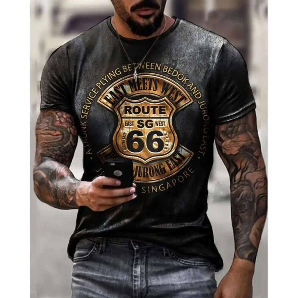New 2024 men's retro T-shirt 3D printed American plus-size hip-hop personality 66 designed short-sleeved everyday casual clothin