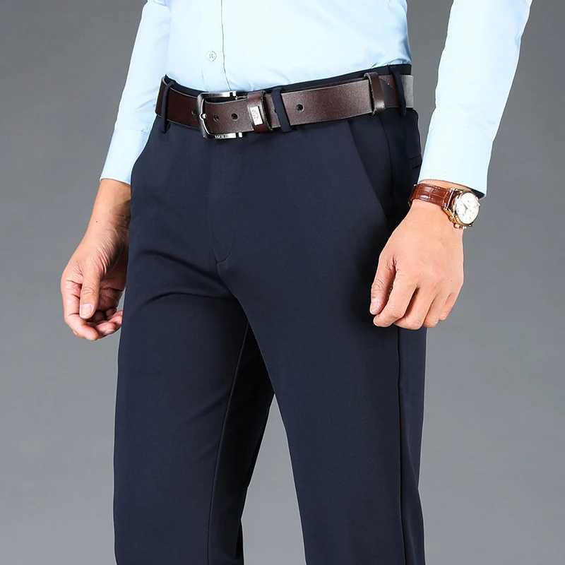 Mens elastic casual pants business suit pants black office straight pants large brand mens navy blue mens casual pants spring and summerW240725
