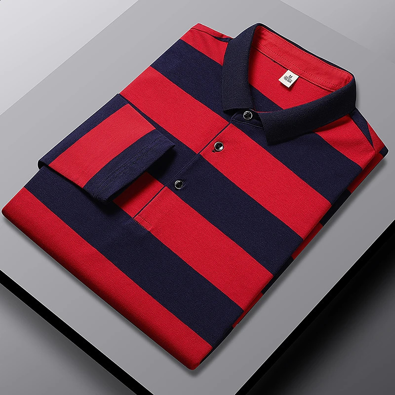 Flip collar spring autumn contrasting color button long sleeved striped floral Tshirt mens British style top 240828