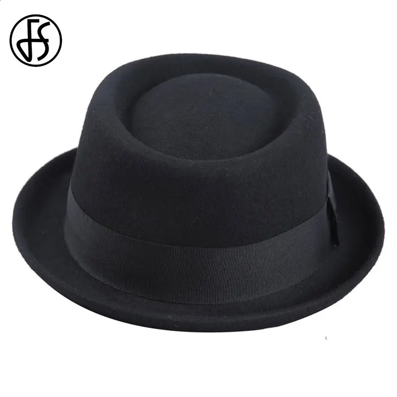 FS Vintage Pork Pie Hat Men Wide Brim Wool Felt Fedora Black Hat Mans Church Jazz Ribbon Trilby Panama Gangsters Caps Gentlemen 240808CJ