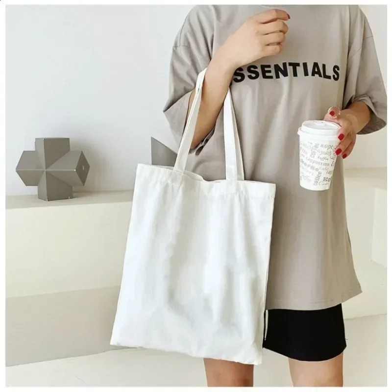 Large capacity black and white canvas shoulder bag foldable ecofriendly cotton handbag reusable DIY shopping 240820