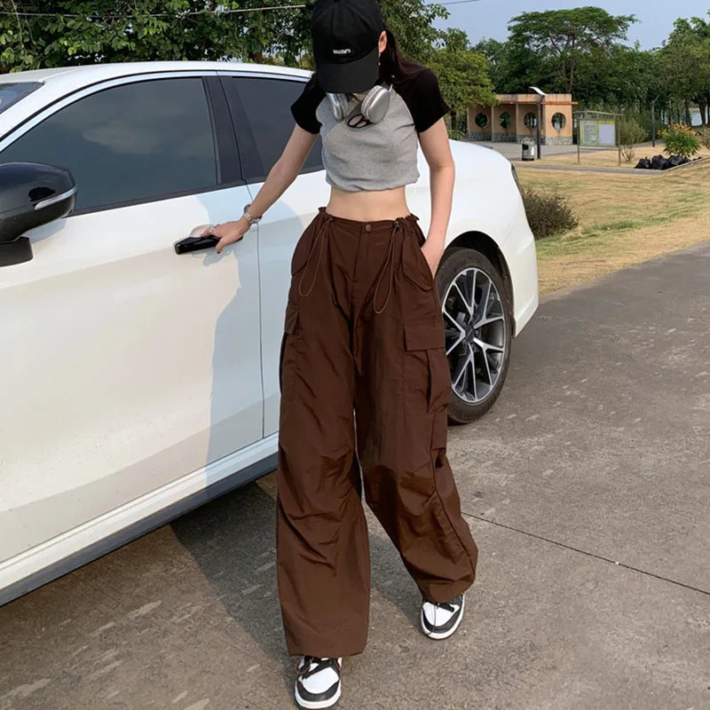 Y2K Brown Drawstring Cargo Pants Women Vintage Hip Hop Streetwear Baggy Pocket Wide Leg Trousers Summer Casual Straight 240821