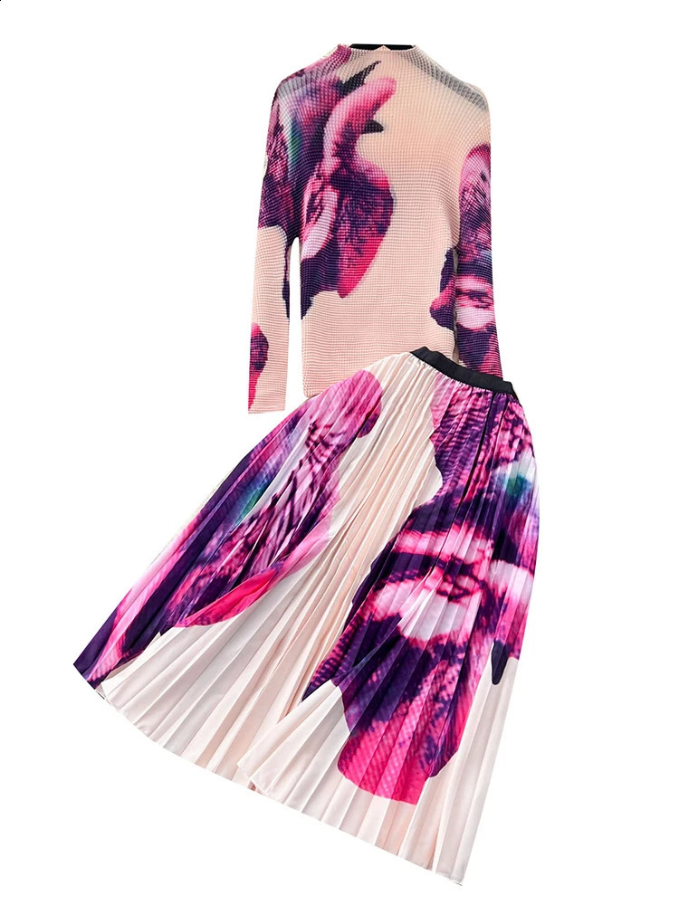 XFPV Womens Print Elastic Slim Pleated Top High Waist Pleated Half Skirt Two Piece Set Korean Fashion Spring Autumn 240820