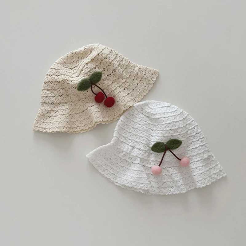 New Spring Summer Plush Cherry Baby Girls Sun Hat Adjustable Lace Hollow Out Baby Beach Bonnet Travel Outdoor Baby Bucket Cap M240821