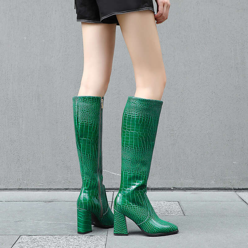 Knee High For Women Sexy Snake Leather 2023 Brand Winter Cowboy Boots Female Gold Green Heeled Long Party Shoes