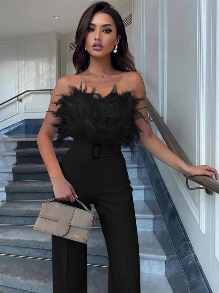 hirigin Women Elegant Long Jumpsuit Strapless Slash Neck Feather Tube Top Sexy Fashion Party Night Evening Jumpsuit Summer 240820