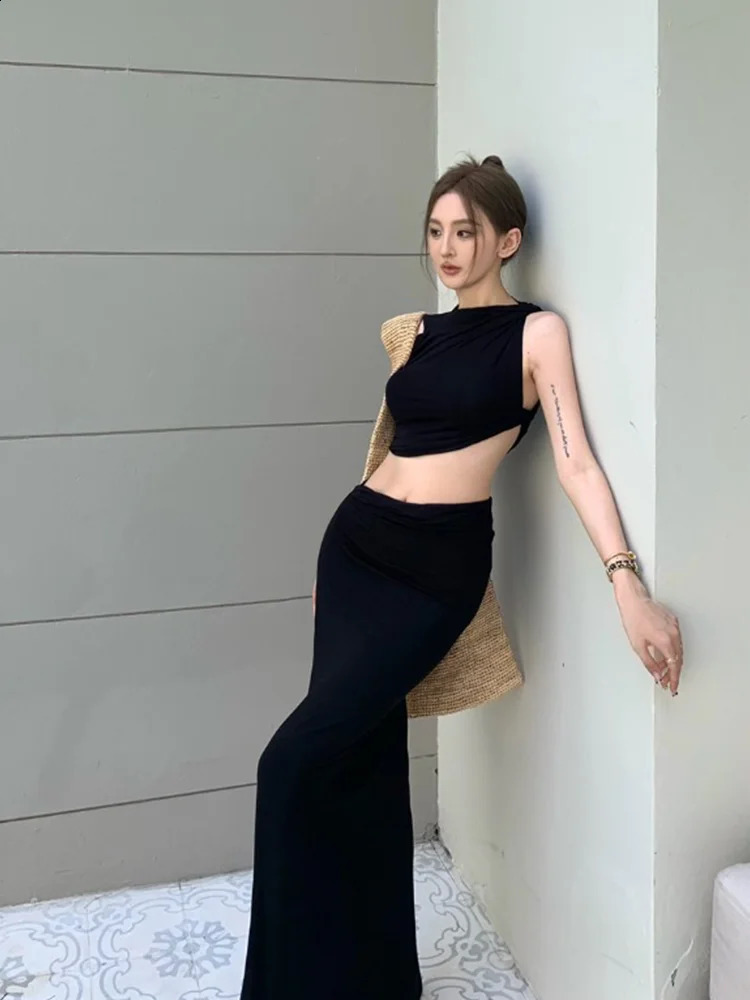 Sweet Girl Suit Womens Summer Retro Coffee Sleeveless Tank Top Wrapped Hip long Skirt Two-piece Set fashion female clothes 240820