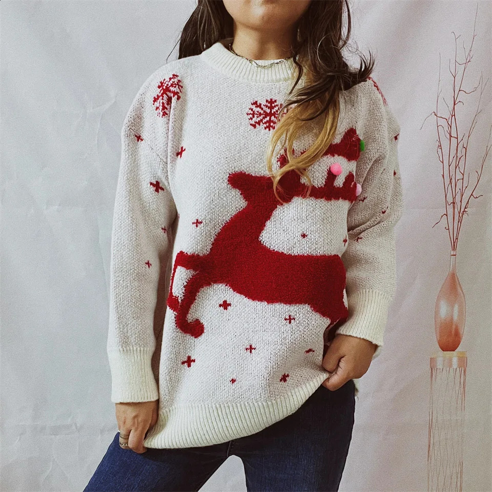 OMCHION Sueter Feminino Korean Style Women Christmas Sweater Casual Loose Pullover Red Fashion Warm Knitted Tops 240821