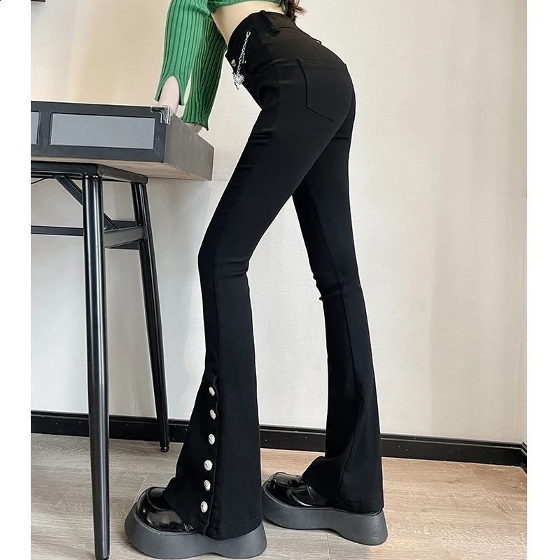 Women Korean Fashion Retro Chain Buttons Harajuku Black Flare Pants Y2K Female Skinny Stretchy Trousers Autumn Winter Pantalones 240820