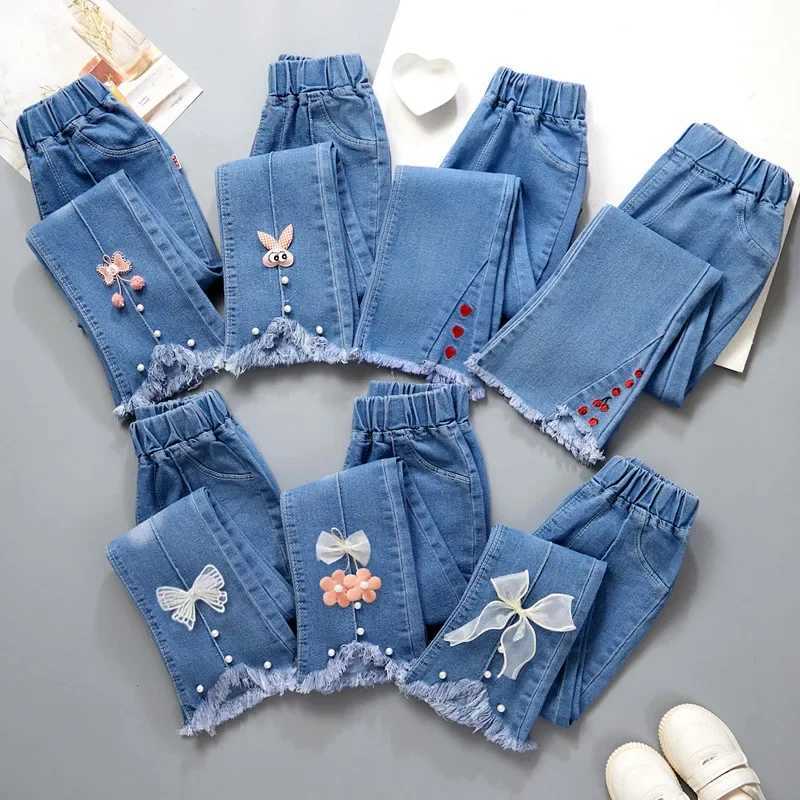 Baby girl jeans casual Trouser childrens flower bow bell bottom jeans autumn spring sparkling jeans childrens pants 4-10 yearsW240819