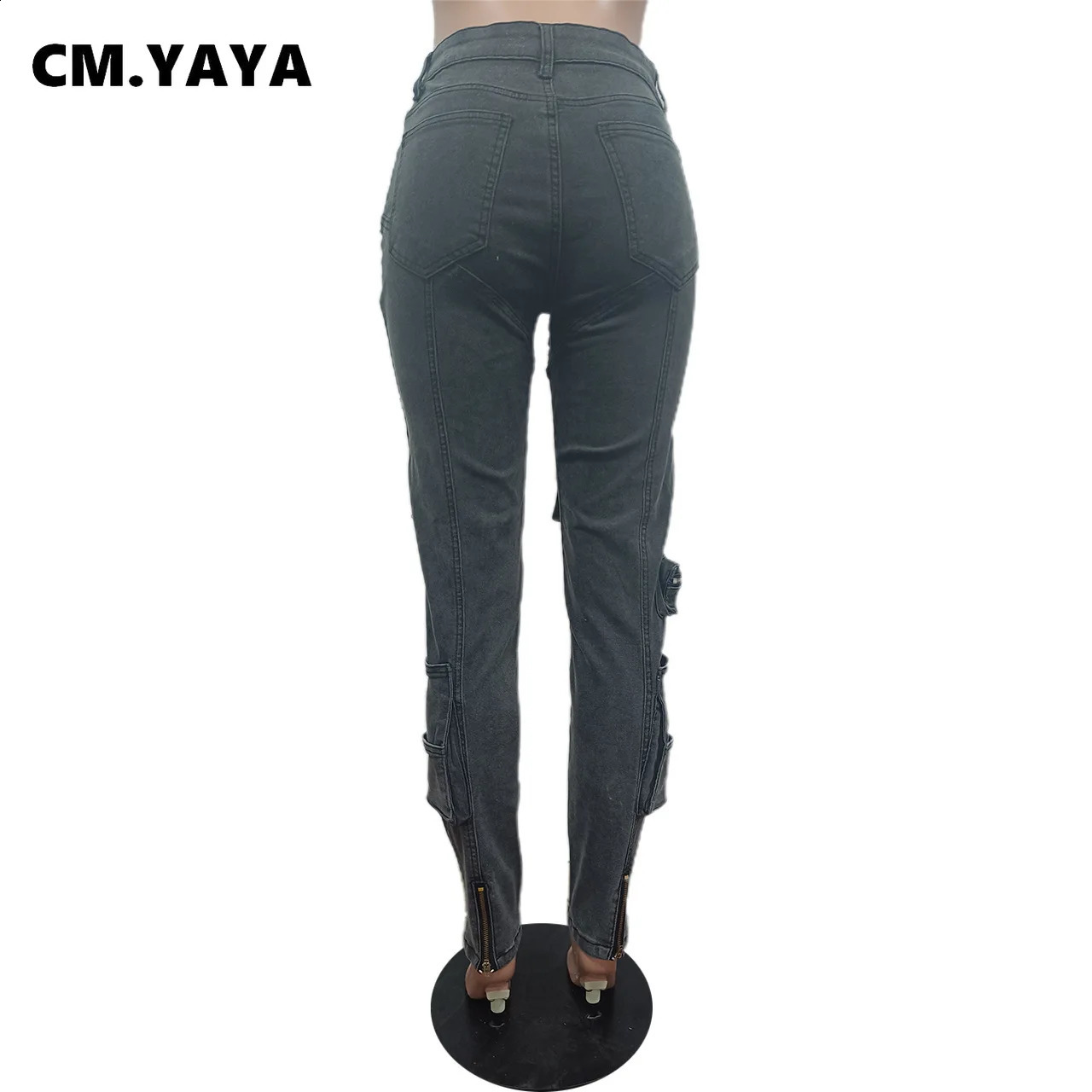 CM.YAYA Fashion Multi Pocket Front Zipper Fly Pencil Jeans Women Street Autumn Winter Denim Pants Trousers 240821