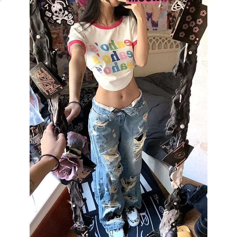 Deeptown Y2k Baggy Ripped Jeans Women Low Rise Gyaru Wide Denim Pants Daddies Streetwear Grunge Hippie Korean Fashion Trousers 240821
