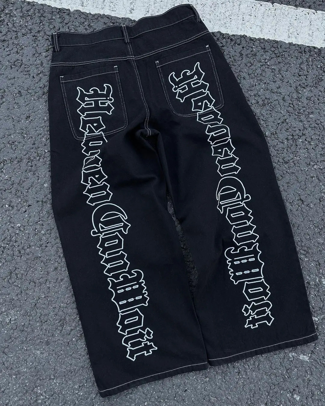 HCW Y2K streetwear fashion hip-hop letter embroidery black pocket jeans mens retro mid waist wide leg straight pants washing 240829
