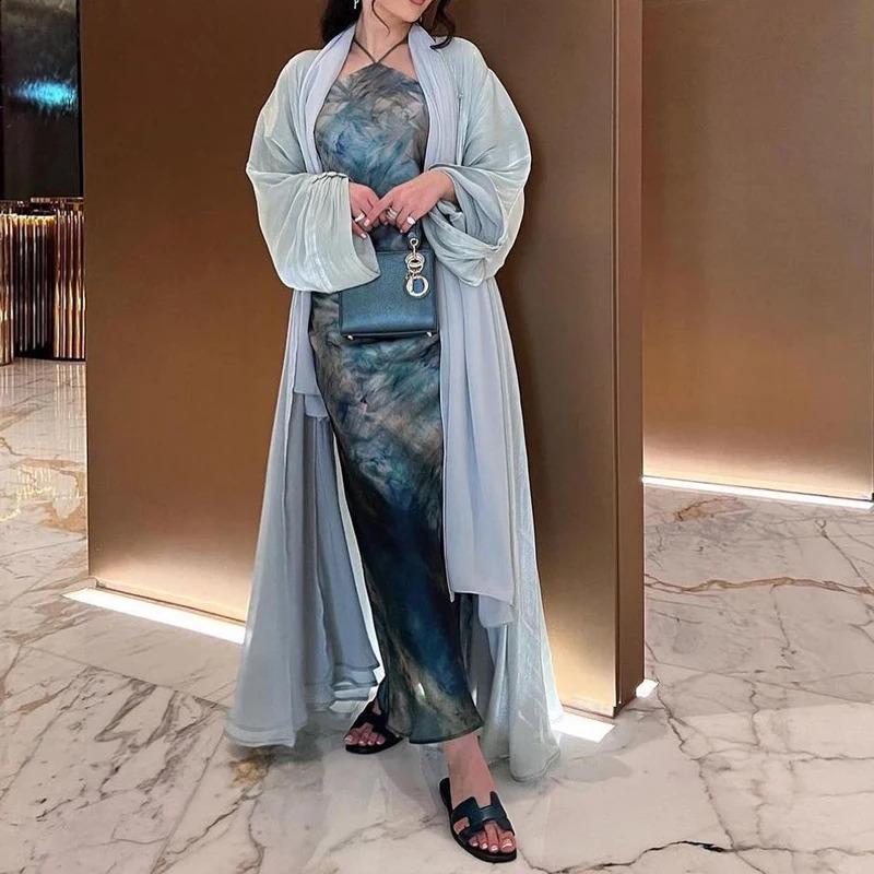 Ramadan Shiny Satin Open Kimono Abaya Chic Dubai Batwing Sleeve Abayas Women Muslim Dress Islamic Clothing Kaftan