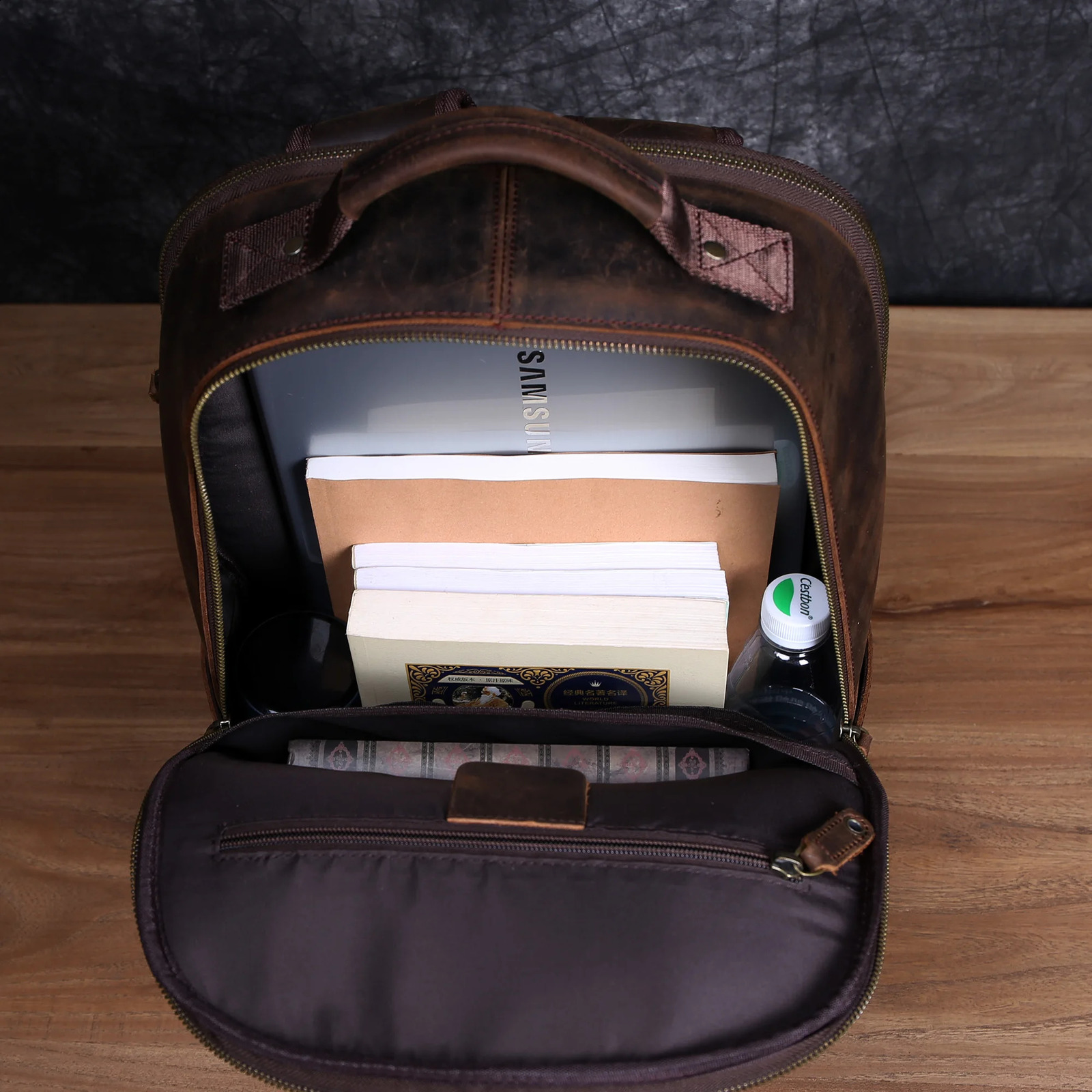 Retro leather backpack mens top denim large capacity hiking bag multilayer travel computer 240820 e97d 4