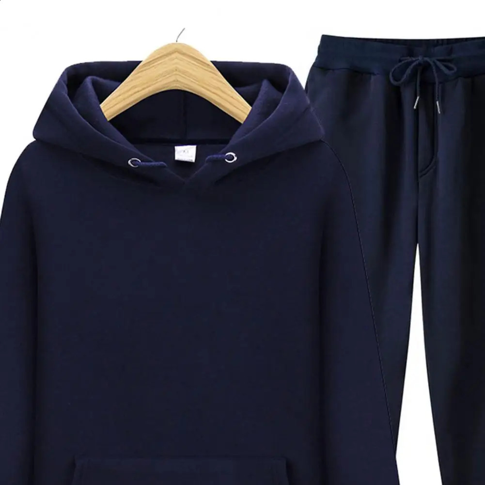 2Pcs/Set Men Track Suit Set Hooded Drawstring Long Sleeve Sweatshirt Elastic Waist Pants Set Casual Workout Sportwear 240821
