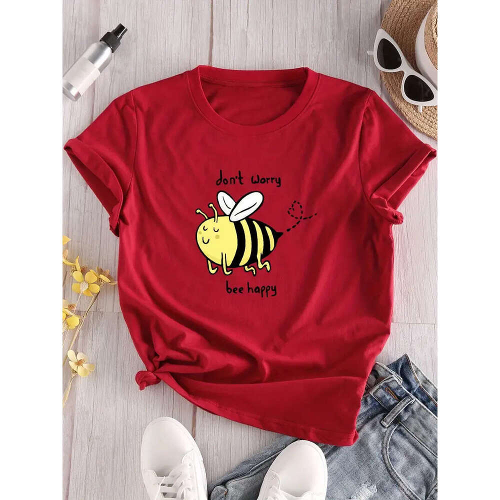 Bee Cartoon Print Crew Neck T-Shirt, Casual Short Sleeve T-Shirt For Spring & Summer, Women's Clothing
