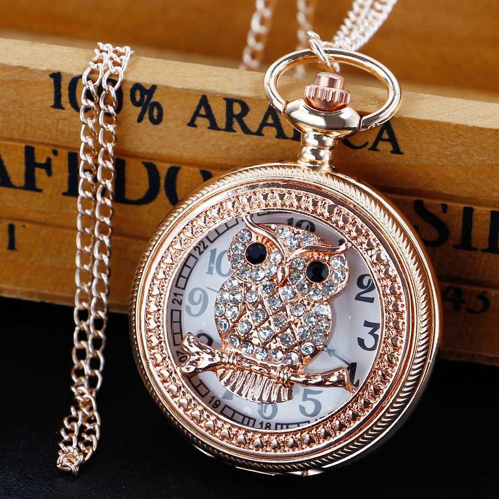 Owl and rose gold womens necklace pocket watch quartz movement pendant pocket FOB watch unisex exquisite gift W240820
