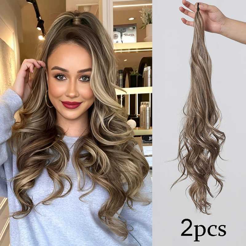 Brown synthetic wig mixed colors wave wrap fake tail hair flexible ponytail hair extension wig suitable for womens daily use W240817