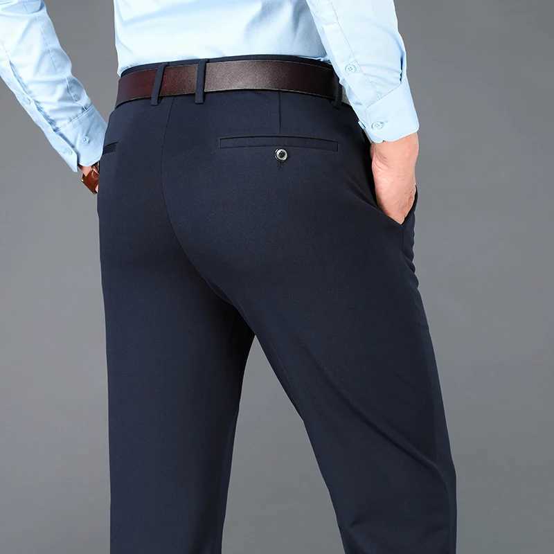 Mens elastic casual pants business suit pants black office straight pants large brand mens navy blue mens casual pants spring and summerW240725