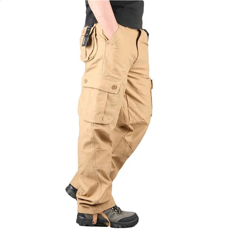 Mens cargo pants cotton casual multi pocket military tactical mens loose straight elastic size 2944 240821