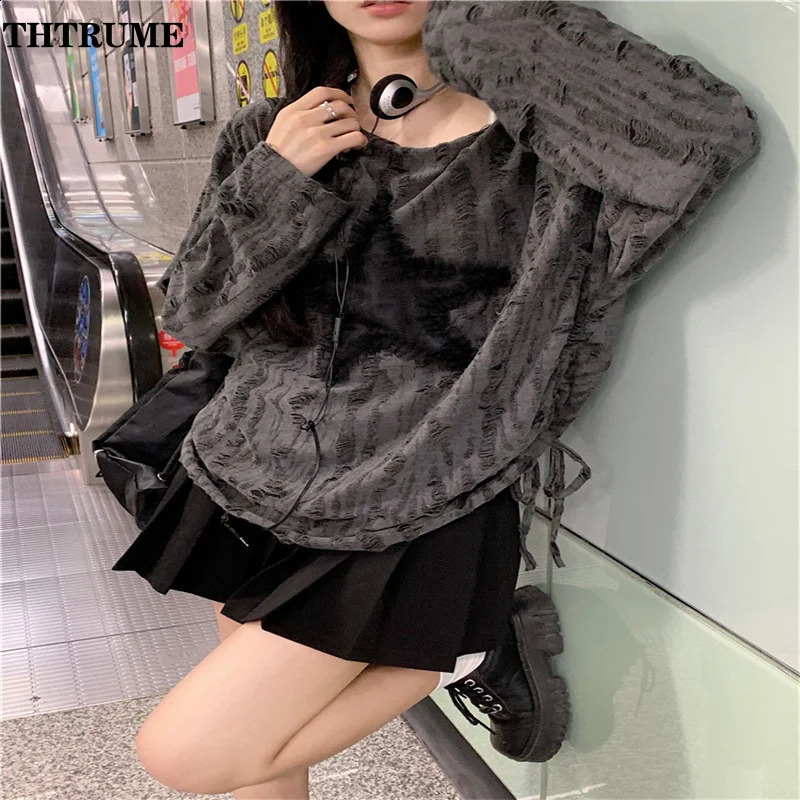 Y2K womens high street sweater fashionable slim shoulders streetwear jumper casual retro star print latte art 240821